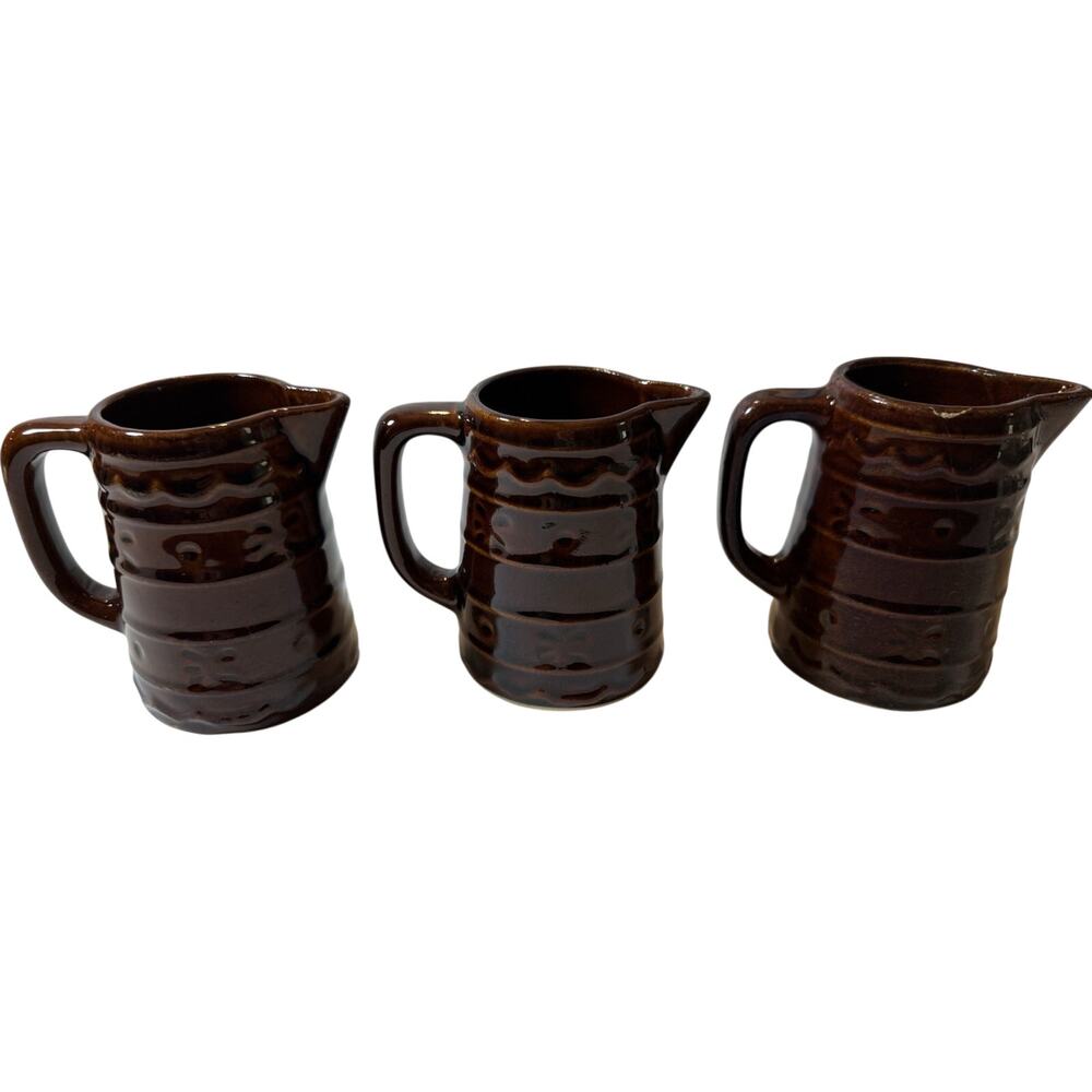 Marcrest Daisy and Dot brown stoneware pitcher set of 3 4.75" handled USA